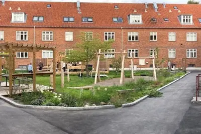 Grønt gårdrum mellem røde boligbygninger